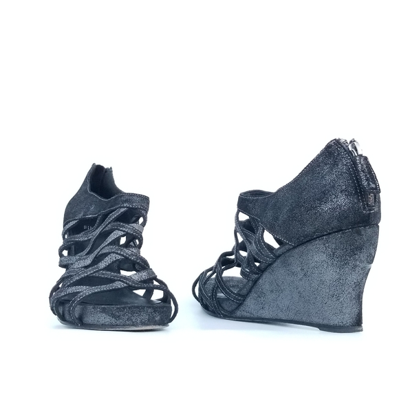 Eileen Fisher Cage Strappy Leather Wedge Sandal Metallic Grey Black Sz 9 - Picture 2 of 13